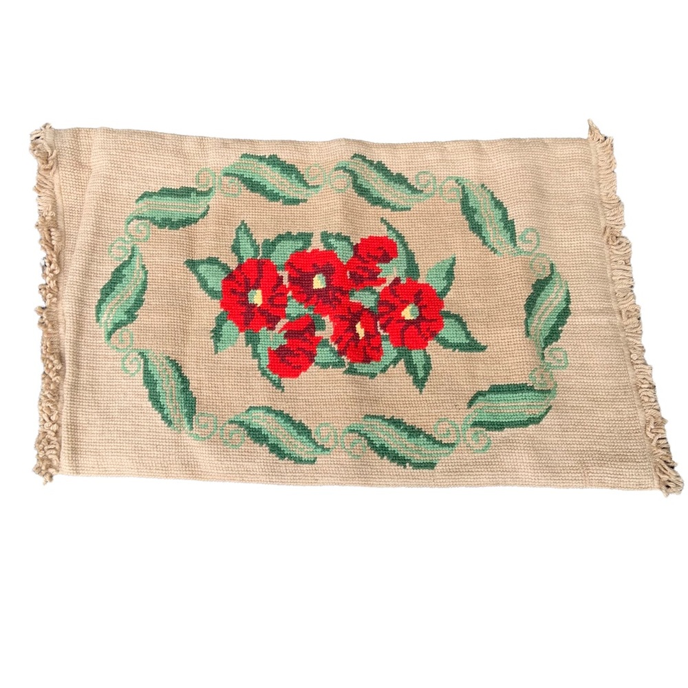 Vintage Poppy Floral Needlepoint Panel Rug Wall Tapestry Fringe Textile Decor